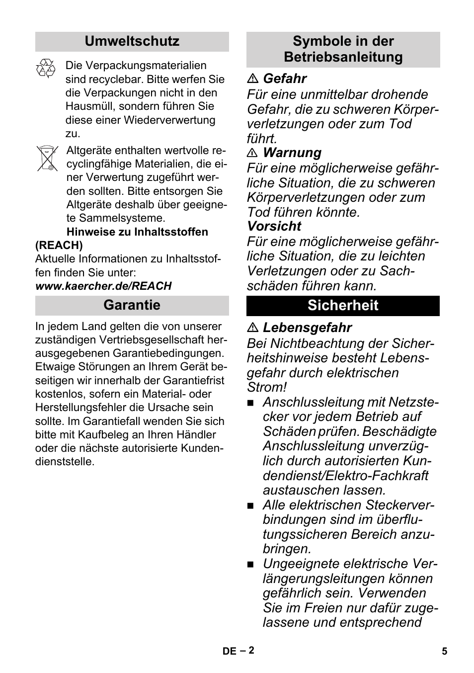 Umweltschutz, Garantie, Symbole in der betriebsanleitung | Sicherheit | Karcher BP 1 Barrel Set User Manual | Page 5 / 74