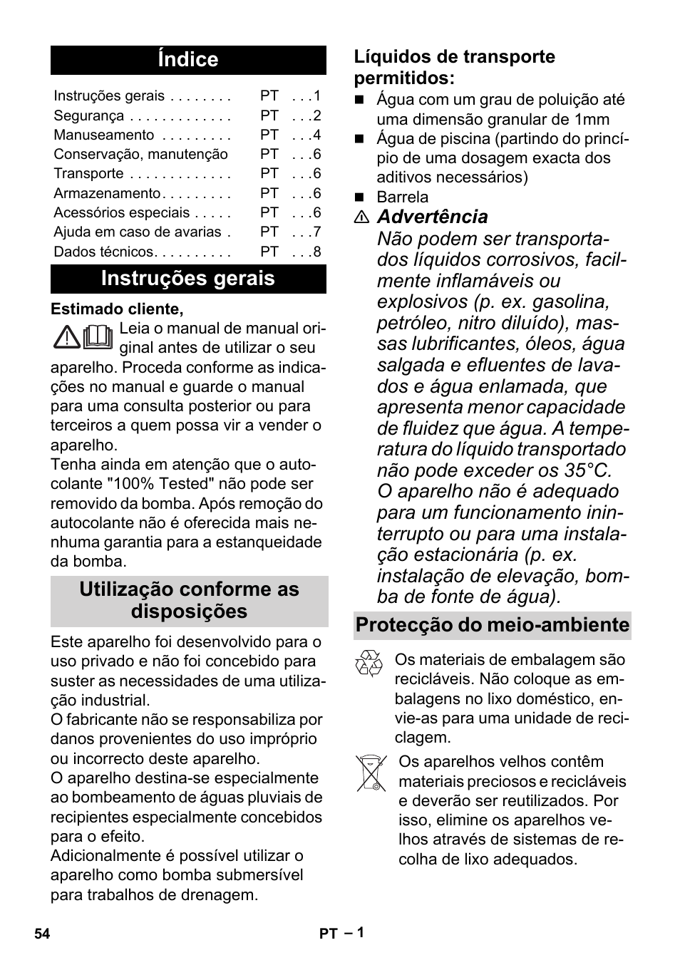 Português, Índice, Instruções gerais | Utilização conforme as disposições, Líquidos de transporte permitidos, Protecção do meio-ambiente | Karcher BP 1 Barrel Set User Manual | Page 54 / 74