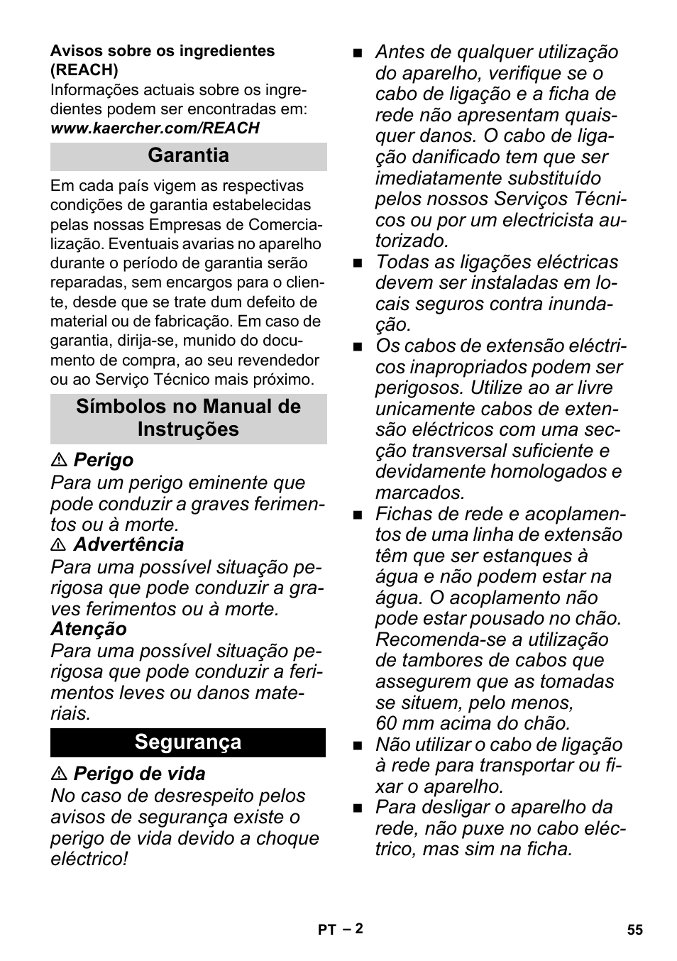 Garantia, Símbolos no manual de instruções, Segurança | Karcher BP 1 Barrel Set User Manual | Page 55 / 74