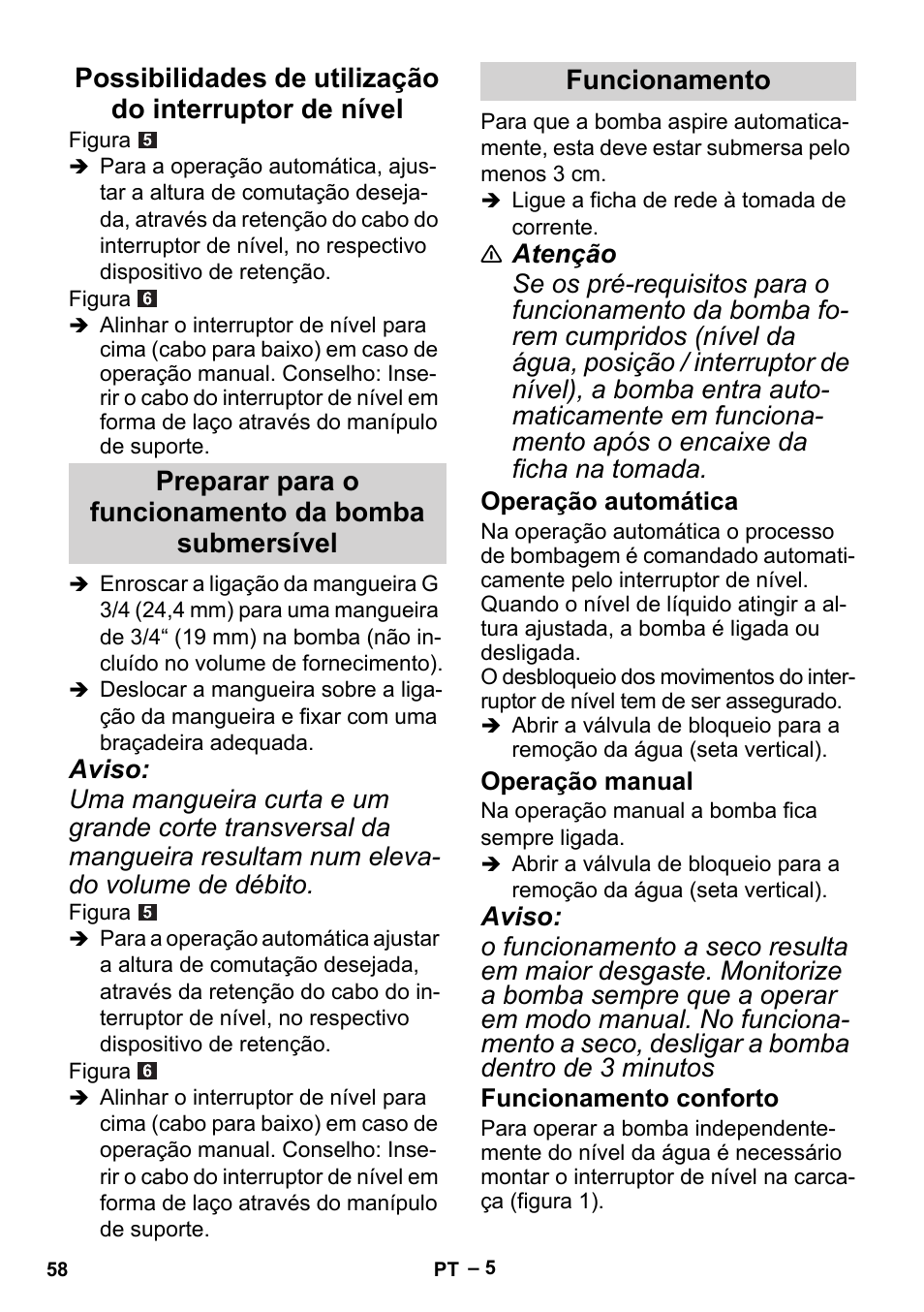 Preparar para o funcionamento da bomba submersível, Funcionamento, Operação automática | Operação manual, Funcionamento conforto | Karcher BP 1 Barrel Set User Manual | Page 58 / 74