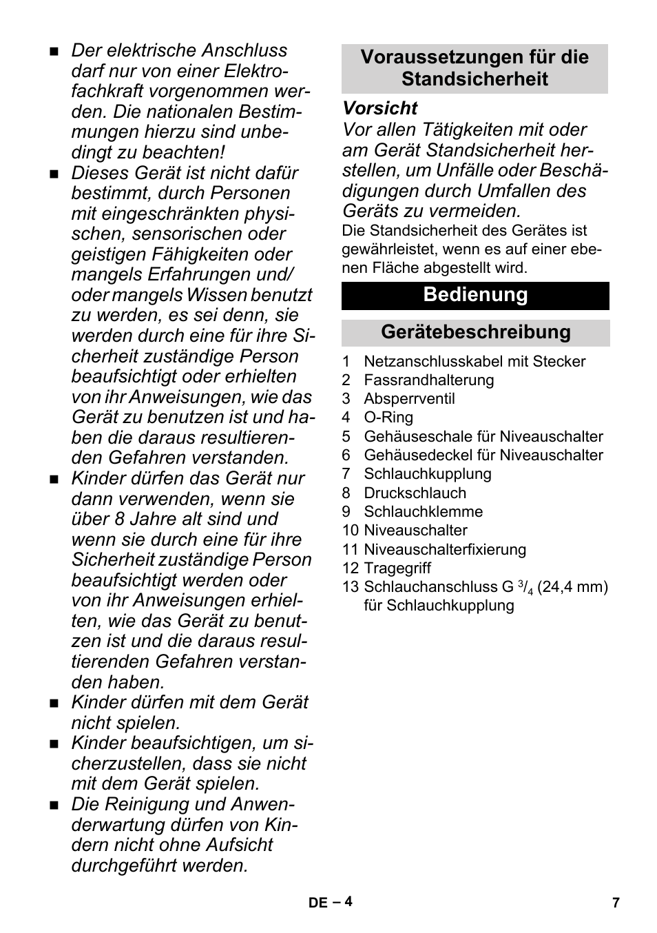 Voraussetzungen für die standsicherheit, Bedienung, Gerätebeschreibung | Karcher BP 1 Barrel Set User Manual | Page 7 / 74