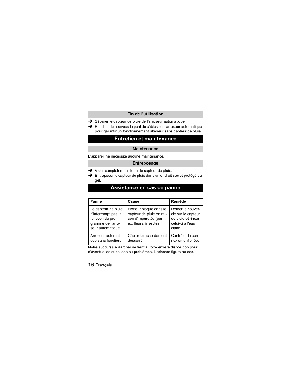 Entretien et maintenance, Assistance en cas de panne | Karcher Sensore pioggia User Manual | Page 16 / 38
