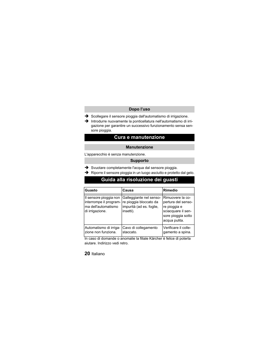 Cura e manutenzione, Guida alla risoluzione dei guasti | Karcher Sensore pioggia User Manual | Page 20 / 38