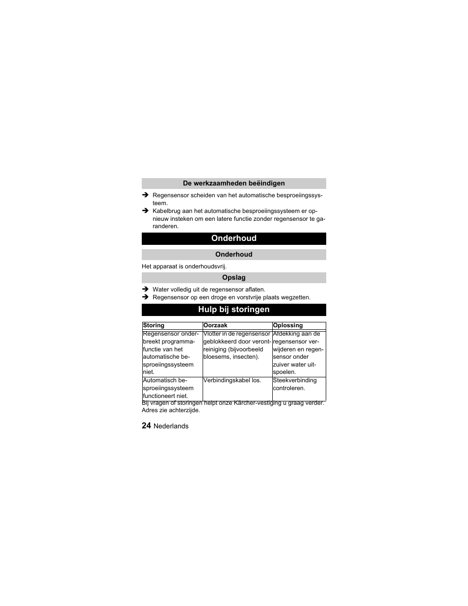 Onderhoud, Hulp bij storingen | Karcher Sensore pioggia User Manual | Page 24 / 38