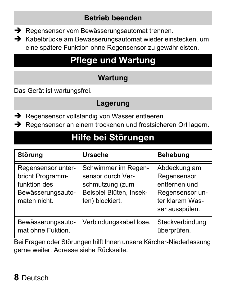 Pflege und wartung, Hilfe bei störungen | Karcher Sensore pioggia User Manual | Page 8 / 38