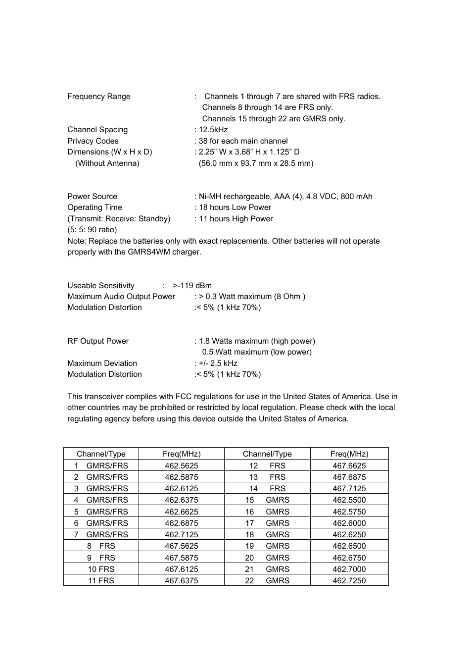 Main channel frequencies | Audiovox GMRS4WM User Manual | Page 9 / 12