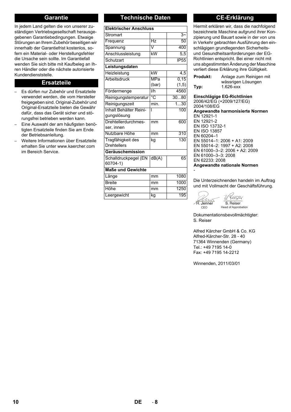 Garantie ersatzteile technische daten, Ce-erklärung | Karcher PC 60-130 T User Manual | Page 10 / 220