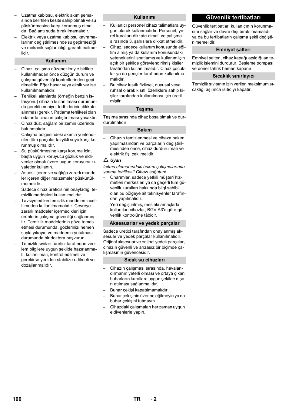 Güvenlik tertibatları | Karcher PC 60-130 T User Manual | Page 100 / 220