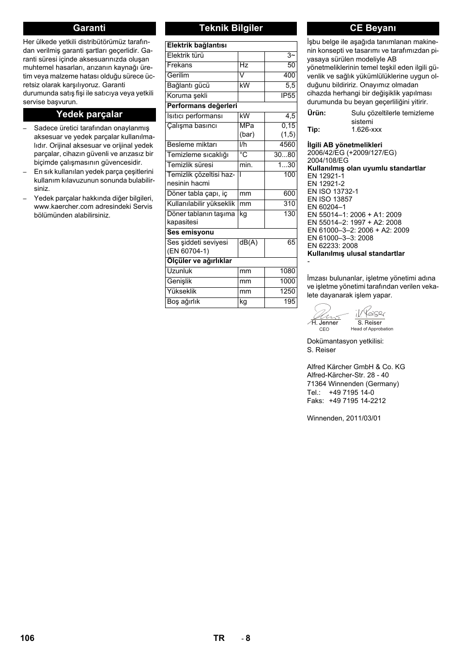 Garanti yedek parçalar teknik bilgiler, Ce beyanı | Karcher PC 60-130 T User Manual | Page 106 / 220