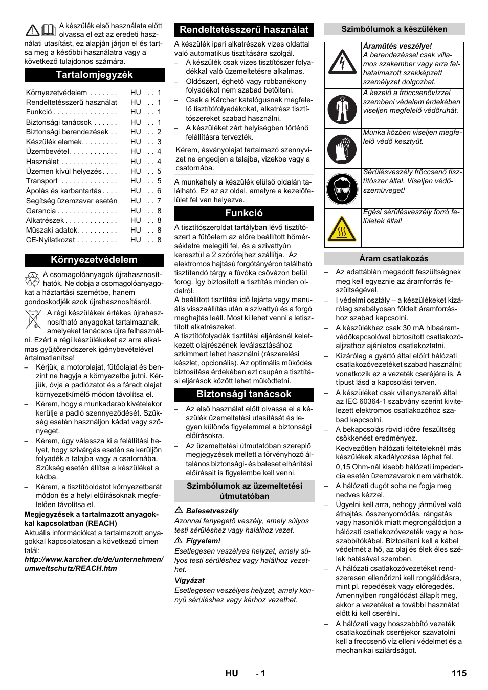 Magyar, Tartalomjegyzék, Környezetvédelem rendeltetésszerű használat | Funkció biztonsági tanácsok | Karcher PC 60-130 T User Manual | Page 115 / 220