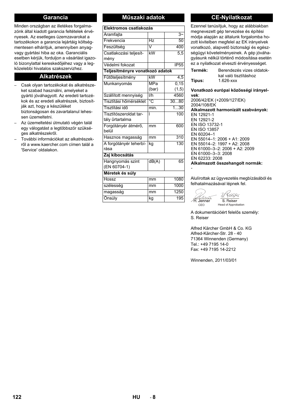 Garancia alkatrészek műszaki adatok, Ce-nyilatkozat | Karcher PC 60-130 T User Manual | Page 122 / 220