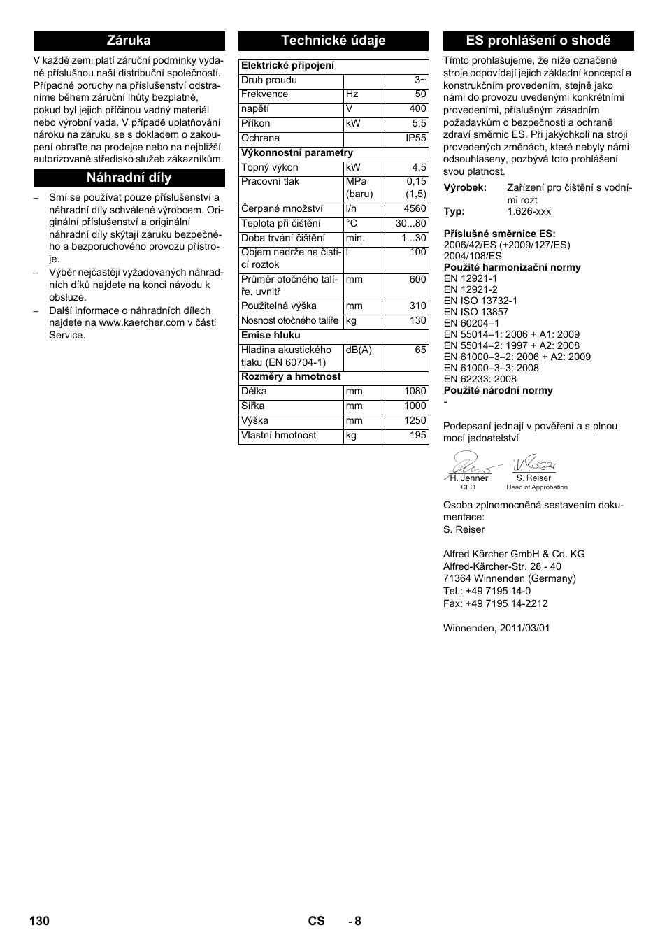 Záruka náhradní díly technické údaje, Es prohlášení o shodě | Karcher PC 60-130 T User Manual | Page 130 / 220