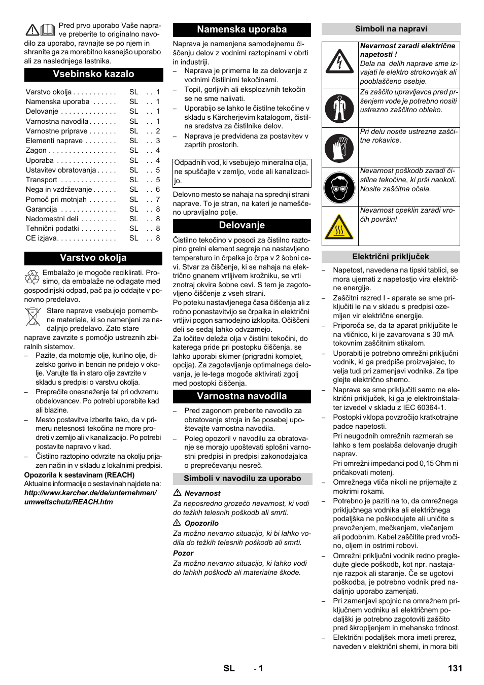 Slovenščina, Slovenšina, Vsebinsko kazalo | Varstvo okolja namenska uporaba, Delovanje varnostna navodila | Karcher PC 60-130 T User Manual | Page 131 / 220