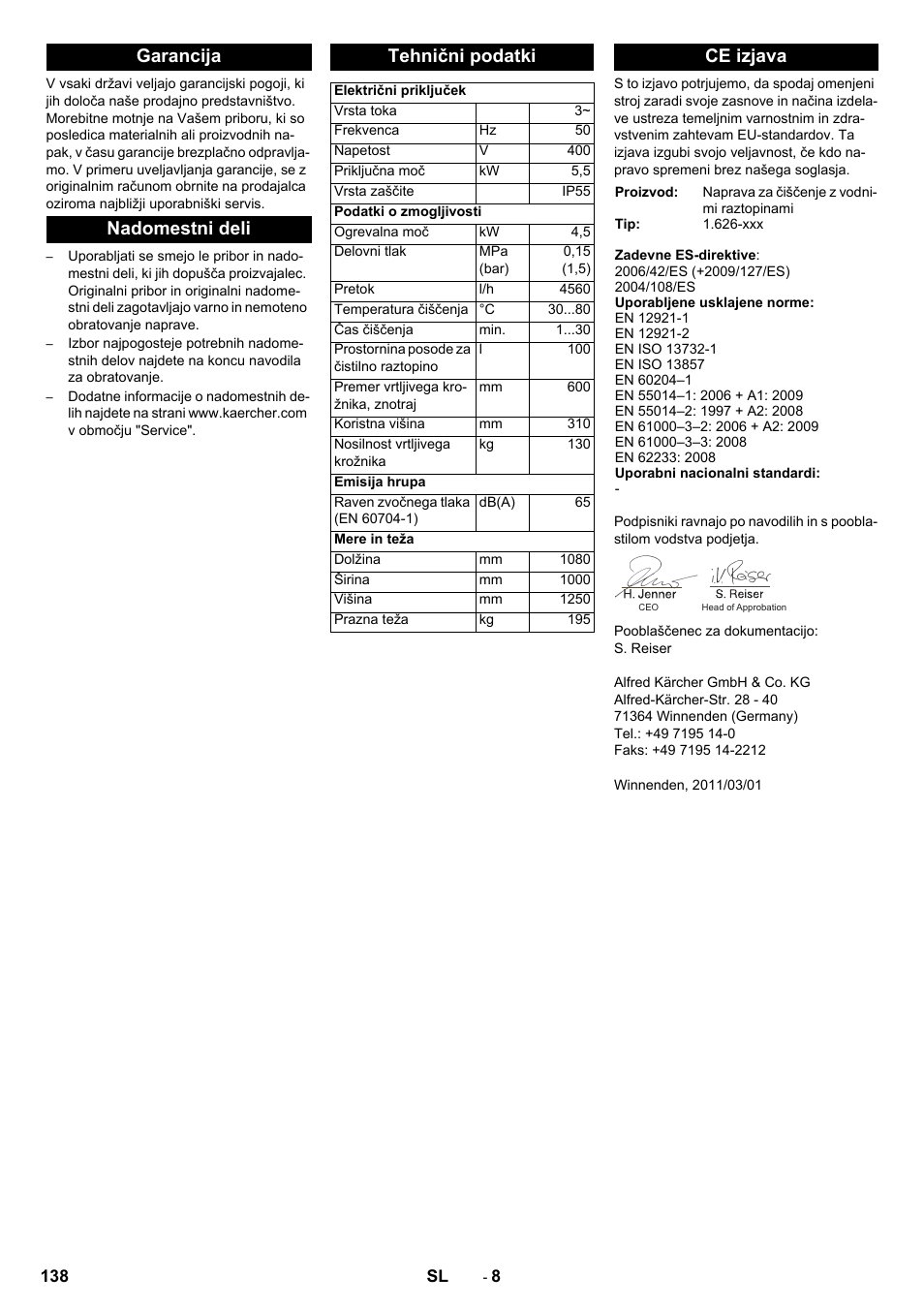 Garancija nadomestni deli tehnični podatki, Ce izjava | Karcher PC 60-130 T User Manual | Page 138 / 220