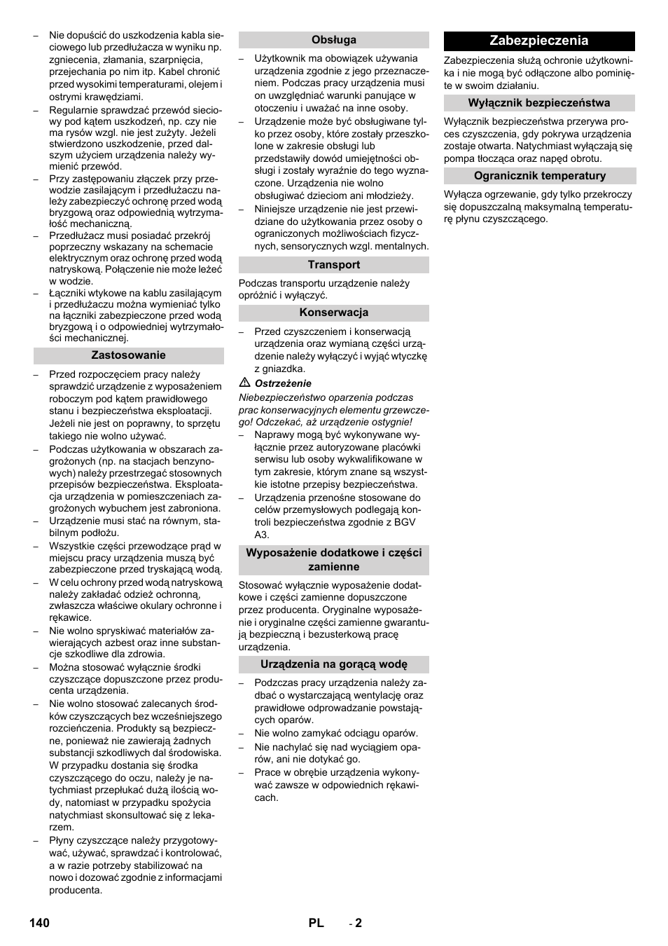 Zabezpieczenia | Karcher PC 60-130 T User Manual | Page 140 / 220