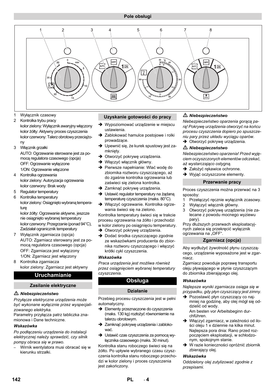 Uruchamianie, Obsługa | Karcher PC 60-130 T User Manual | Page 142 / 220