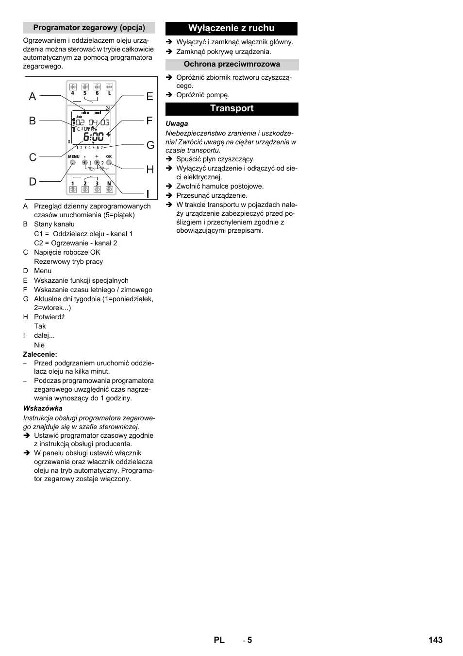 Wyłączenie z ruchu, Transport | Karcher PC 60-130 T User Manual | Page 143 / 220