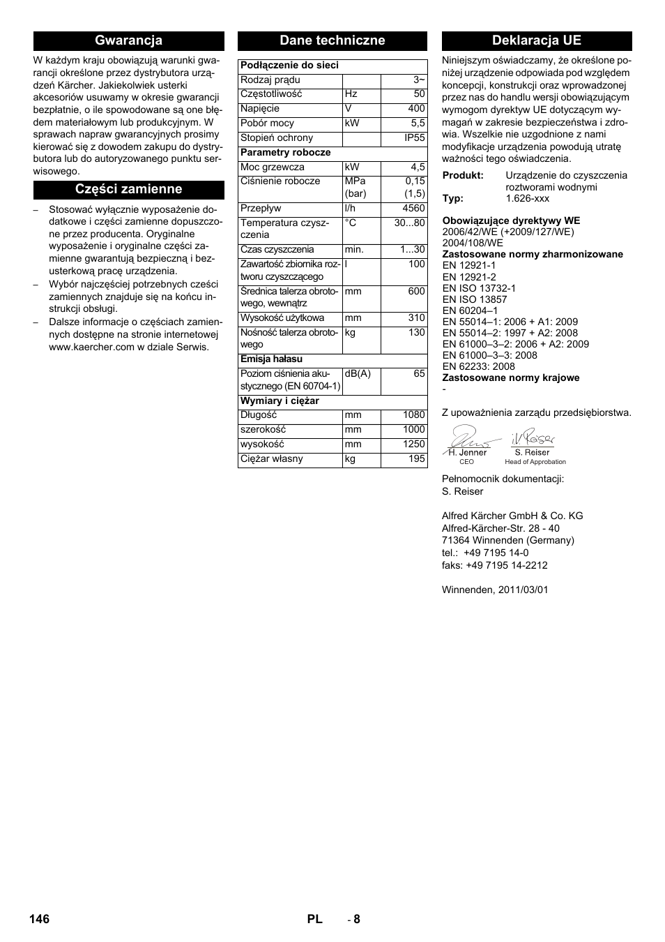 Gwarancja części zamienne dane techniczne, Deklaracja ue | Karcher PC 60-130 T User Manual | Page 146 / 220