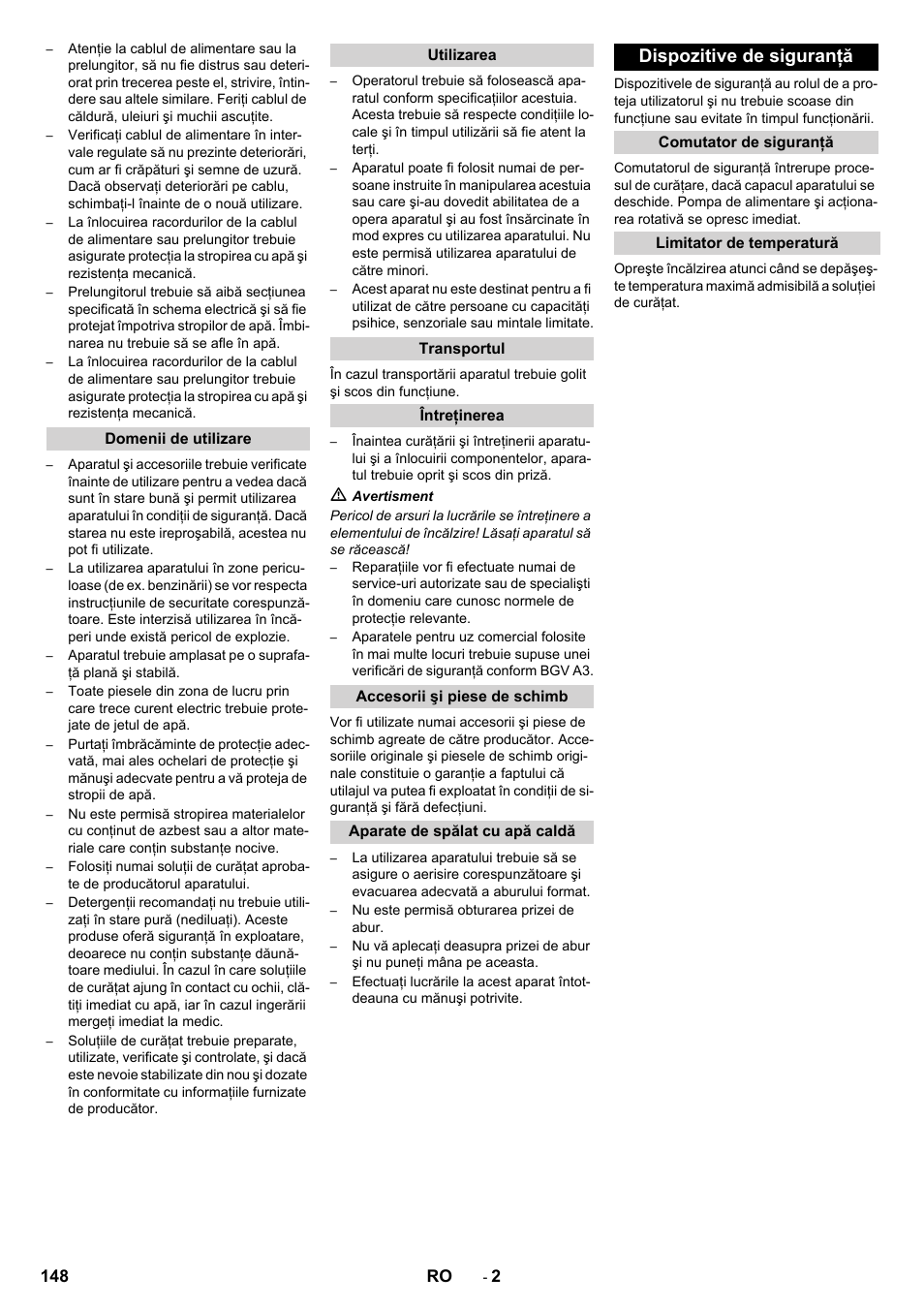 Dispozitive de siguranţă | Karcher PC 60-130 T User Manual | Page 148 / 220