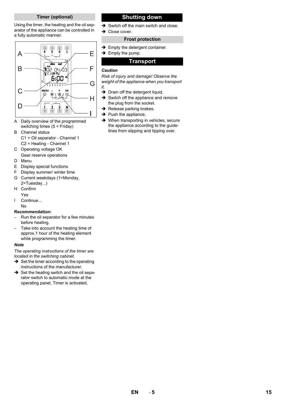 Shutting down, Transport | Karcher PC 60-130 T User Manual | Page 15 / 220