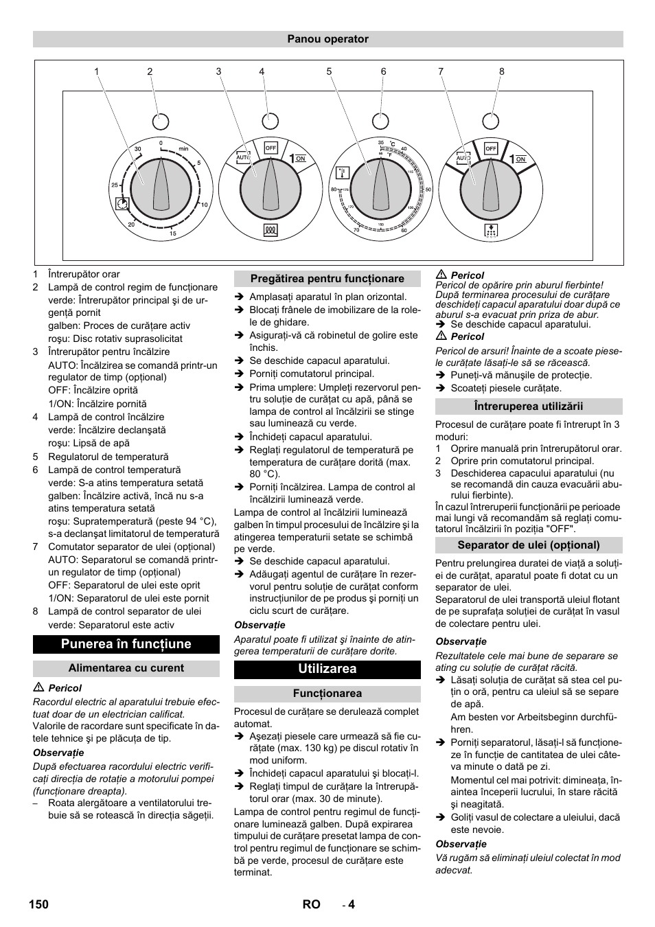 Punerea în funcţiune, Utilizarea | Karcher PC 60-130 T User Manual | Page 150 / 220