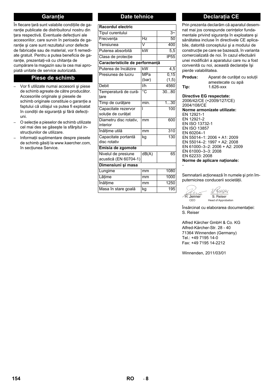 Garanţie piese de schimb date tehnice, Declaraţia ce | Karcher PC 60-130 T User Manual | Page 154 / 220