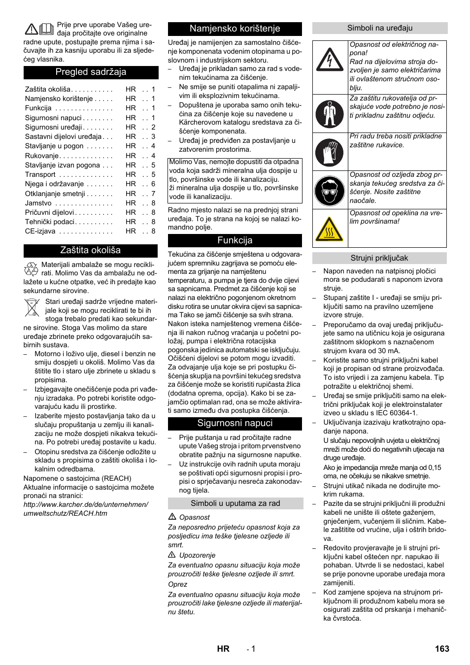 Hrvatski, Pregled sadržaja, Zaštita okoliša namjensko korištenje | Funkcija sigurnosni napuci | Karcher PC 60-130 T User Manual | Page 163 / 220