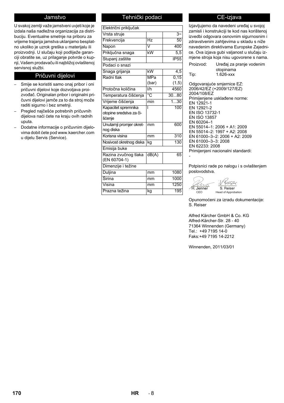 Jamstvo pričuvni dijelovi tehnički podaci, Ce-izjava | Karcher PC 60-130 T User Manual | Page 170 / 220