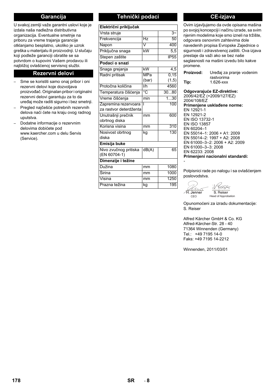 Garancija rezervni delovi tehnički podaci, Ce-izjava | Karcher PC 60-130 T User Manual | Page 178 / 220