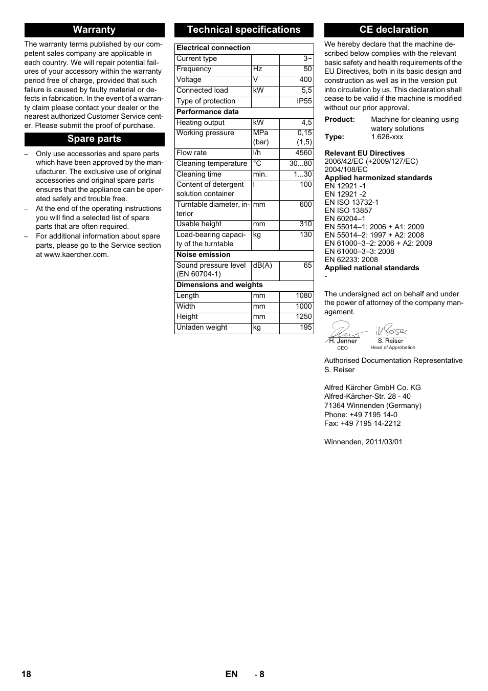 Warranty spare parts technical specifications, Ce declaration | Karcher PC 60-130 T User Manual | Page 18 / 220