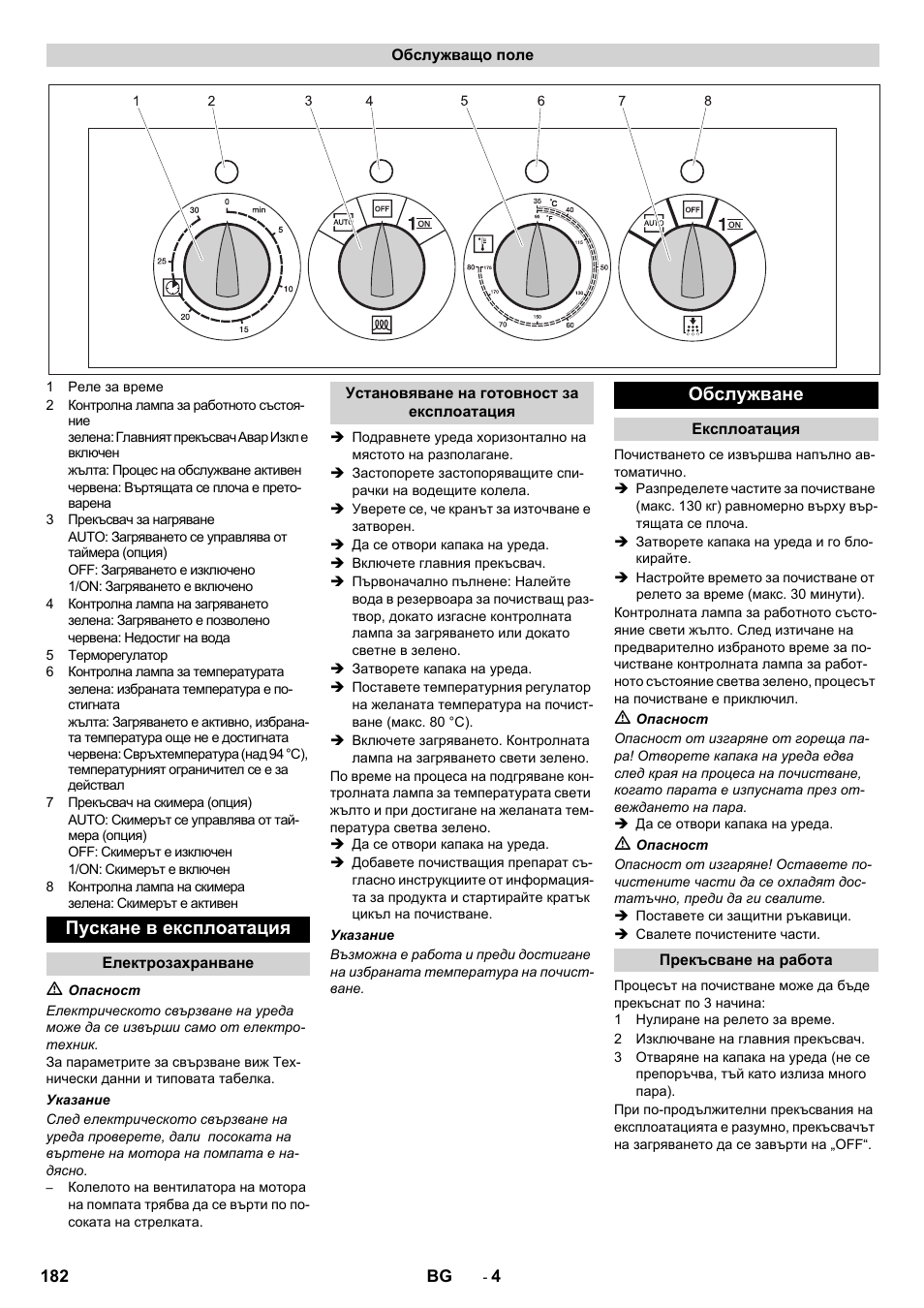 Пускане в експлоатация, Обслужване | Karcher PC 60-130 T User Manual | Page 182 / 220