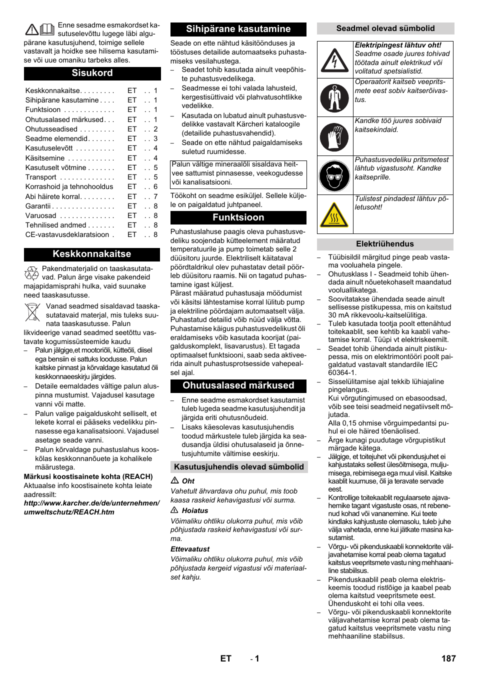 Eesti, Sisukord, Keskkonnakaitse sihipärane kasutamine | Funktsioon ohutusalased märkused | Karcher PC 60-130 T User Manual | Page 187 / 220
