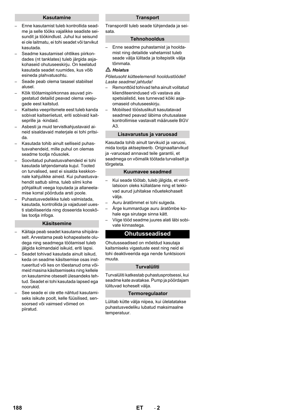Ohutusseadised | Karcher PC 60-130 T User Manual | Page 188 / 220
