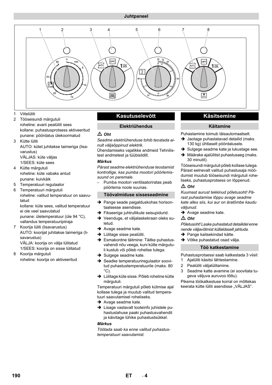 Kasutuselevõtt, Käsitsemine | Karcher PC 60-130 T User Manual | Page 190 / 220