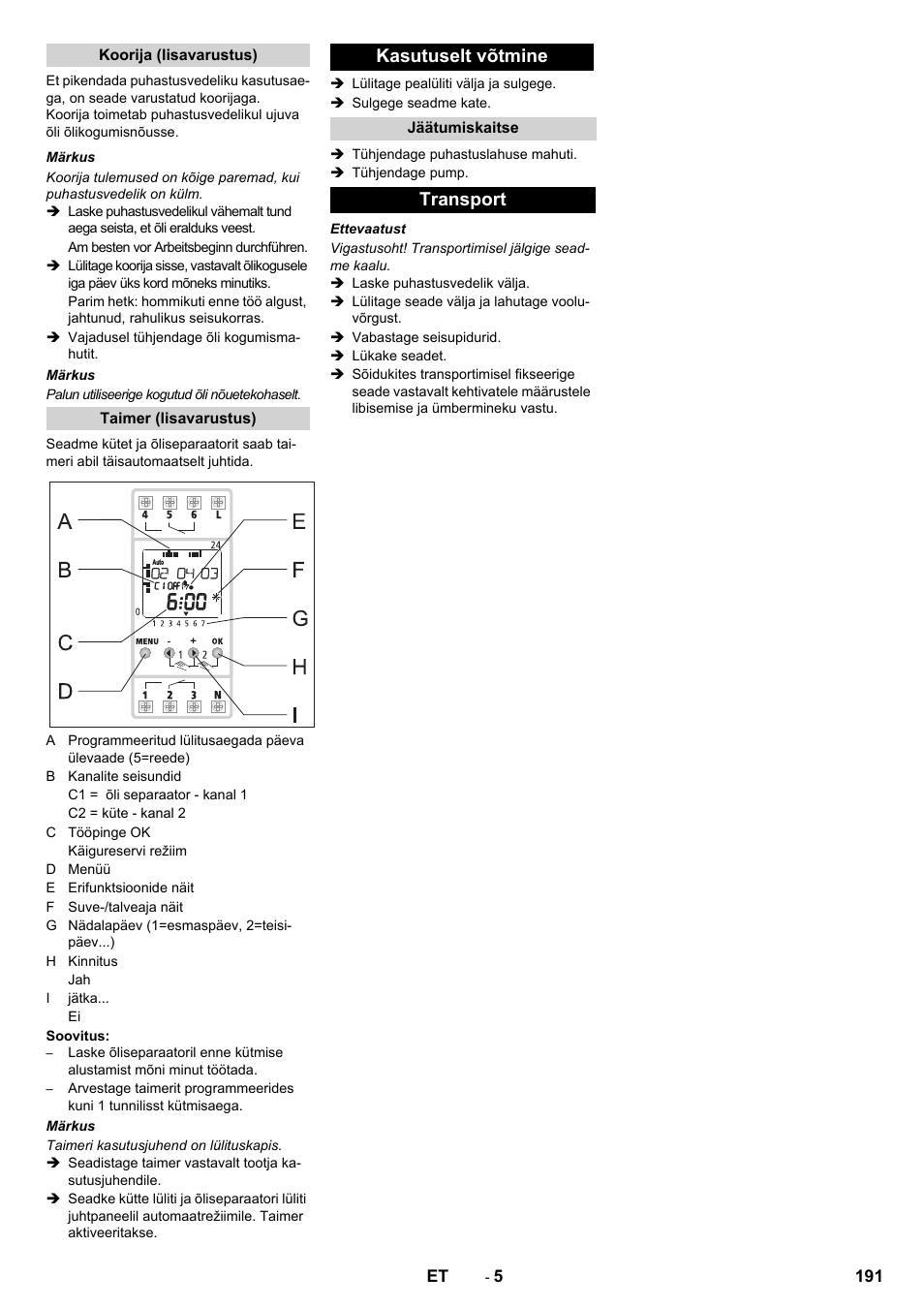 Kasutuselt võtmine, Transport | Karcher PC 60-130 T User Manual | Page 191 / 220