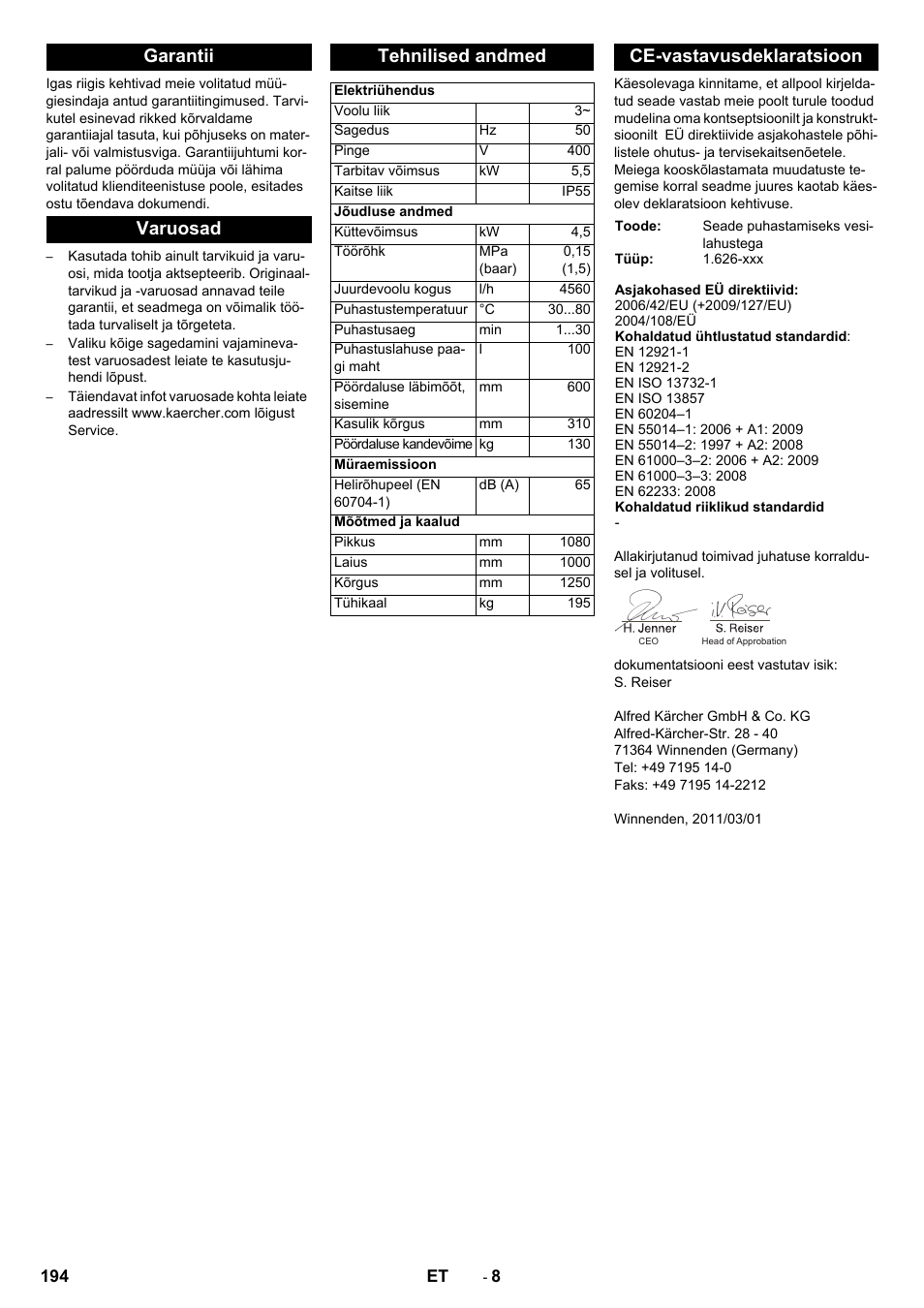 Garantii varuosad tehnilised andmed, Ce-vastavusdeklaratsioon | Karcher PC 60-130 T User Manual | Page 194 / 220