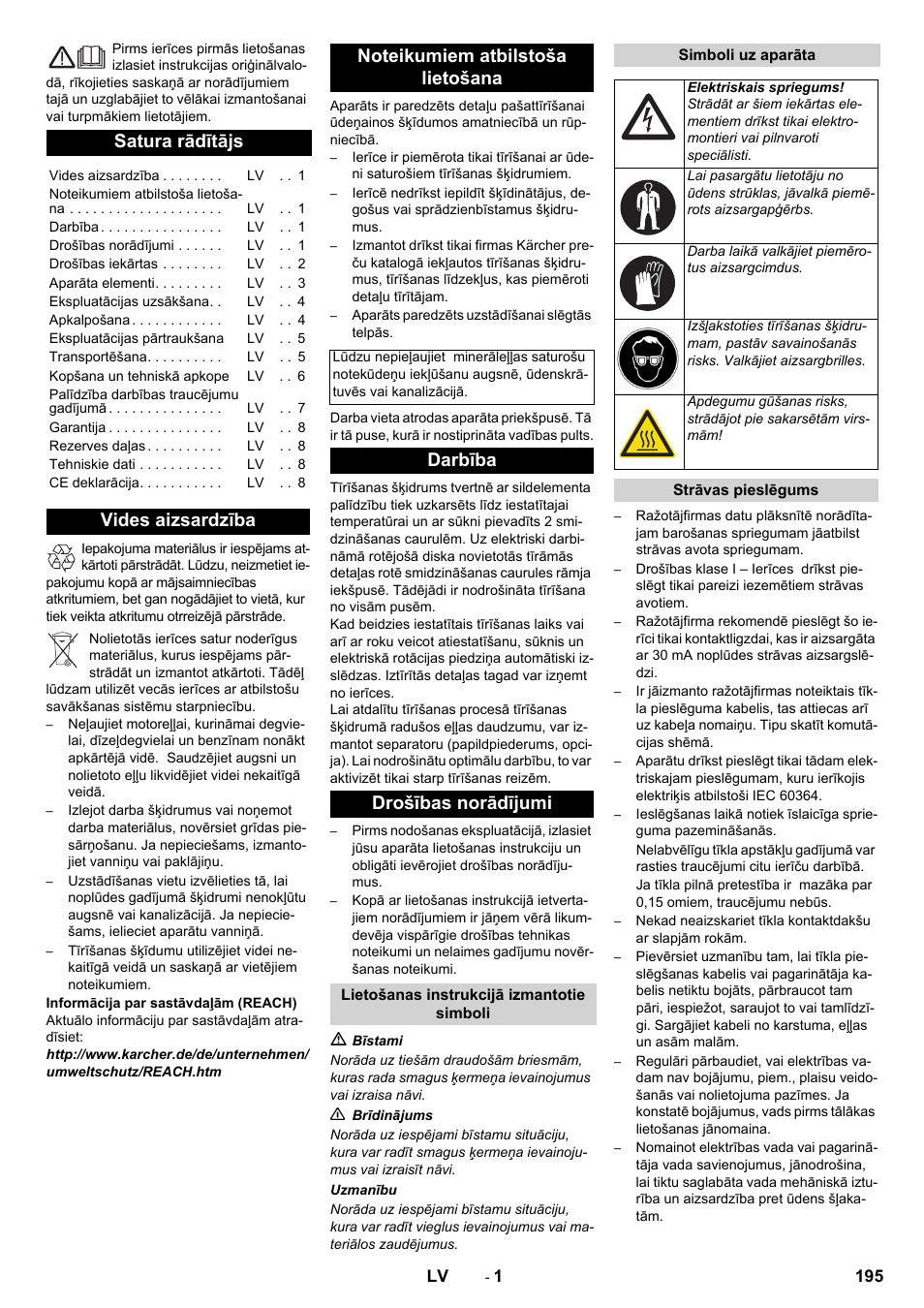 Latviešu, Satura rādītājs, Darbība drošības norādījumi | Karcher PC 60-130 T User Manual | Page 195 / 220