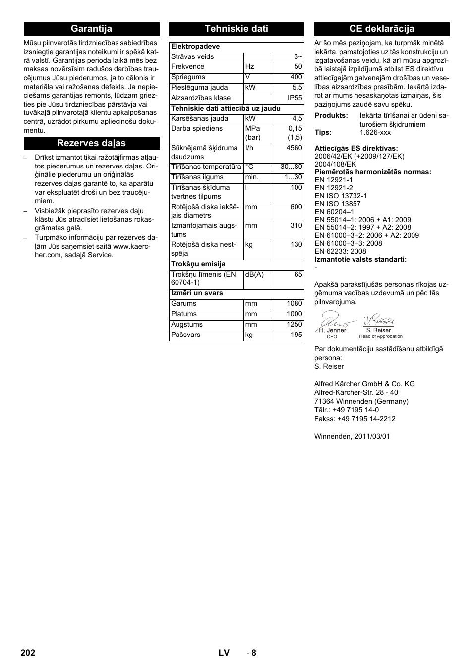 Garantija rezerves daļas tehniskie dati, Ce deklarācija | Karcher PC 60-130 T User Manual | Page 202 / 220