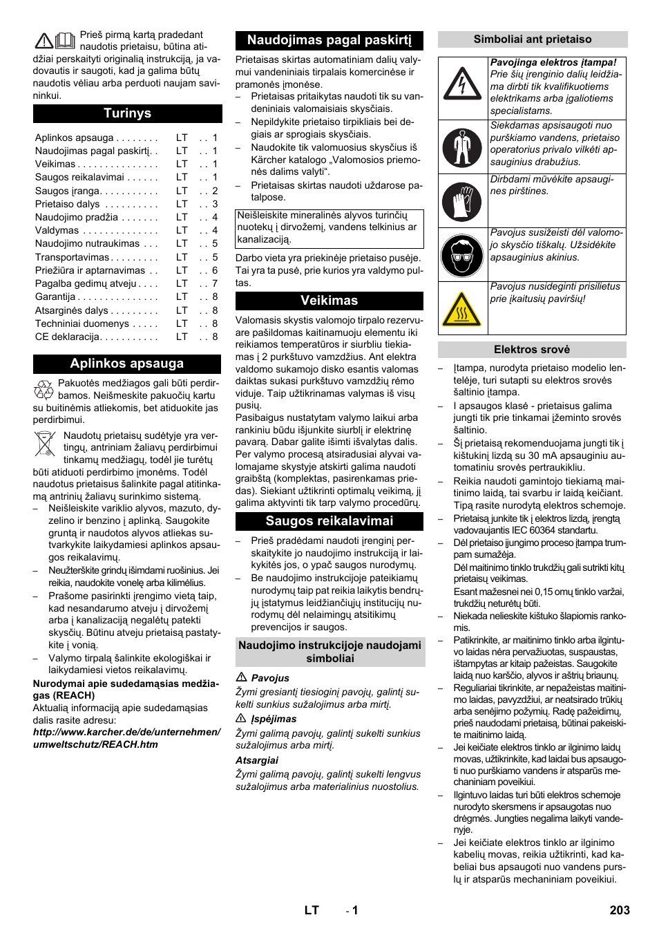 Lietuviškai, Turinys, Aplinkos apsauga naudojimas pagal paskirtį | Veikimas saugos reikalavimai | Karcher PC 60-130 T User Manual | Page 203 / 220