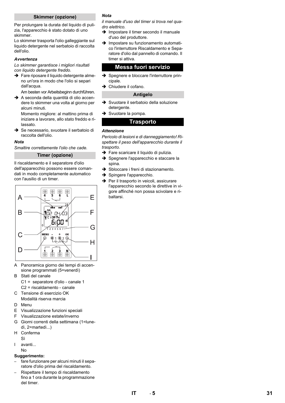 Messa fuori servizio, Trasporto | Karcher PC 60-130 T User Manual | Page 31 / 220