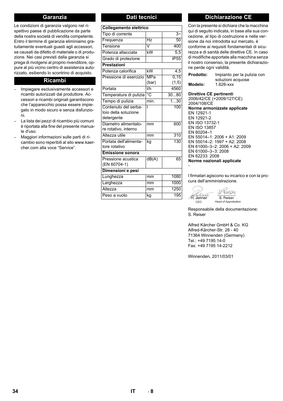 Garanzia ricambi dati tecnici, Dichiarazione ce | Karcher PC 60-130 T User Manual | Page 34 / 220