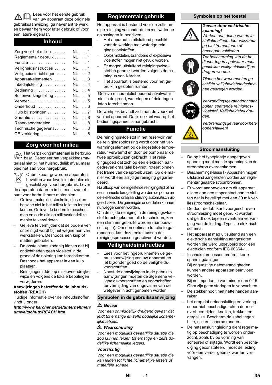Nederlands, Inhoud, Zorg voor het milieu reglementair gebruik | Functie veiligheidsinstructies | Karcher PC 60-130 T User Manual | Page 35 / 220
