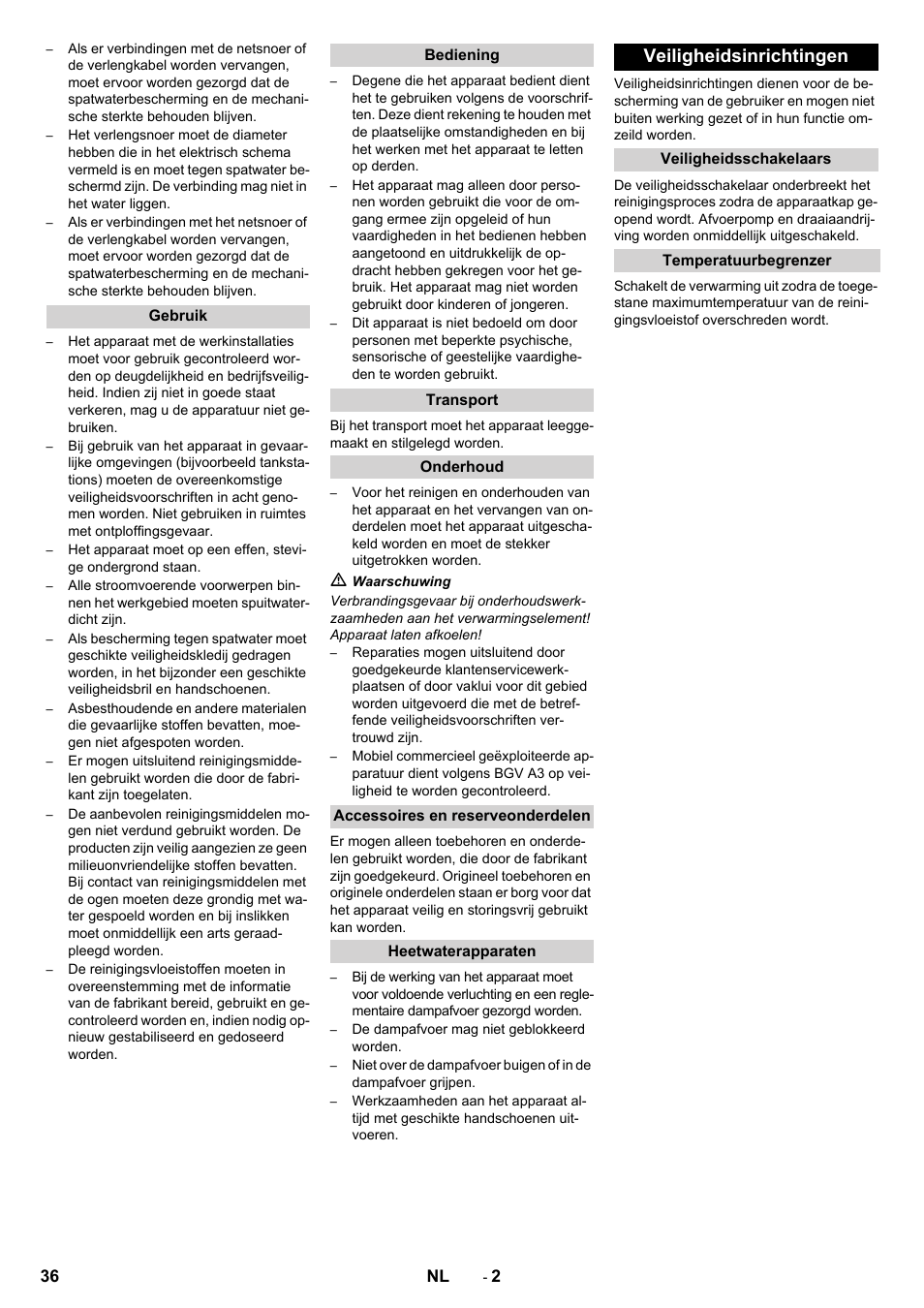 Veiligheidsinrichtingen | Karcher PC 60-130 T User Manual | Page 36 / 220