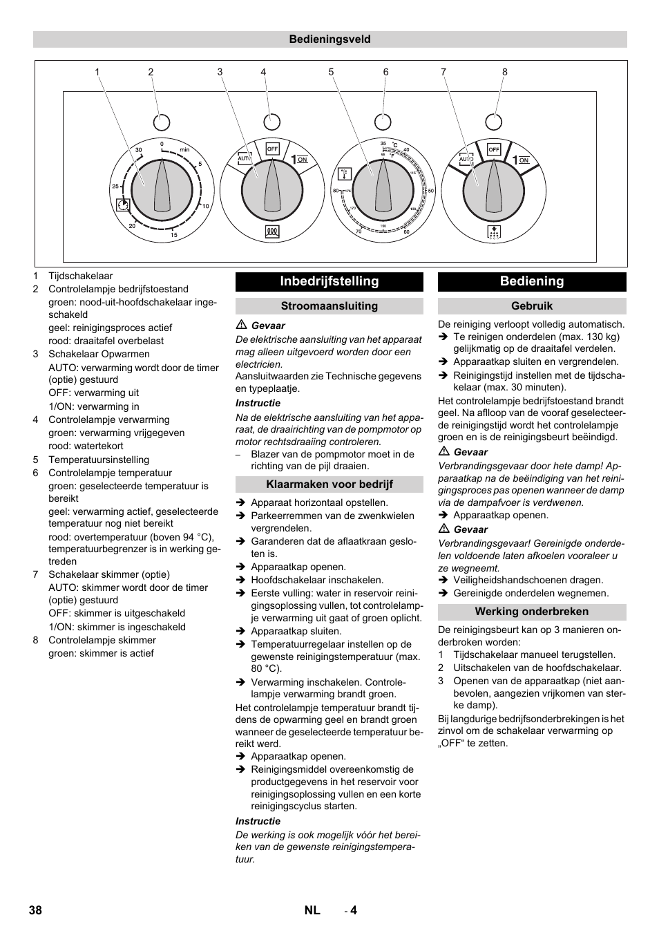 Inbedrijfstelling, Bediening | Karcher PC 60-130 T User Manual | Page 38 / 220