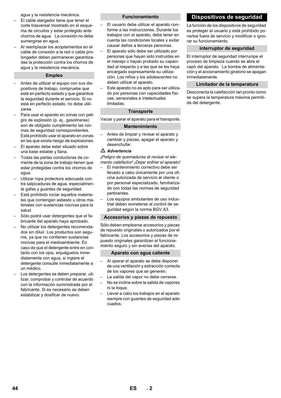 Dispositivos de seguridad | Karcher PC 60-130 T User Manual | Page 44 / 220