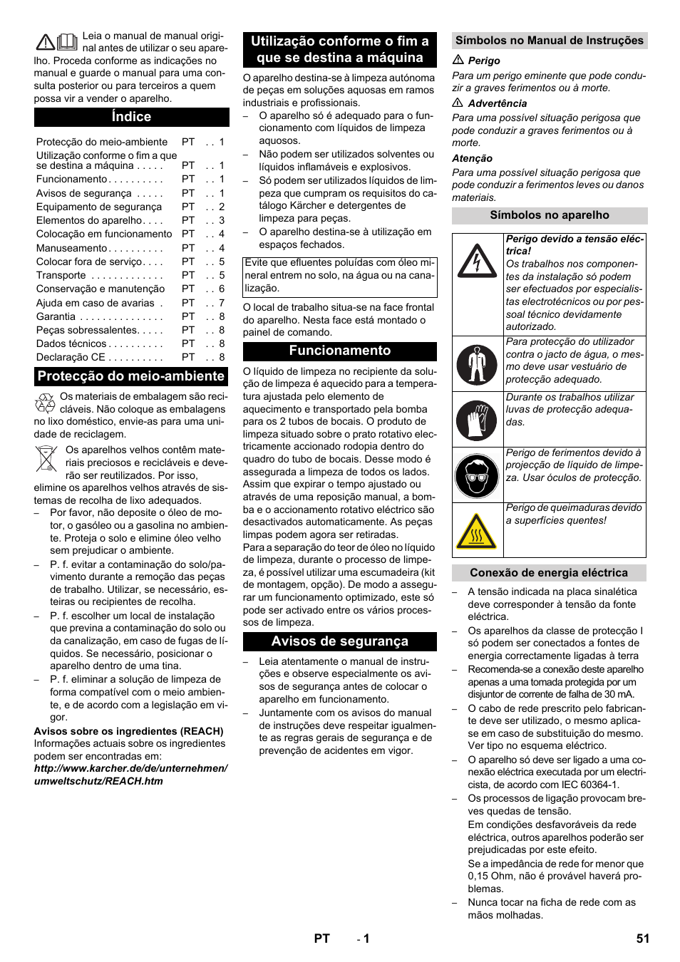 Português, Índice, Funcionamento avisos de segurança | Karcher PC 60-130 T User Manual | Page 51 / 220