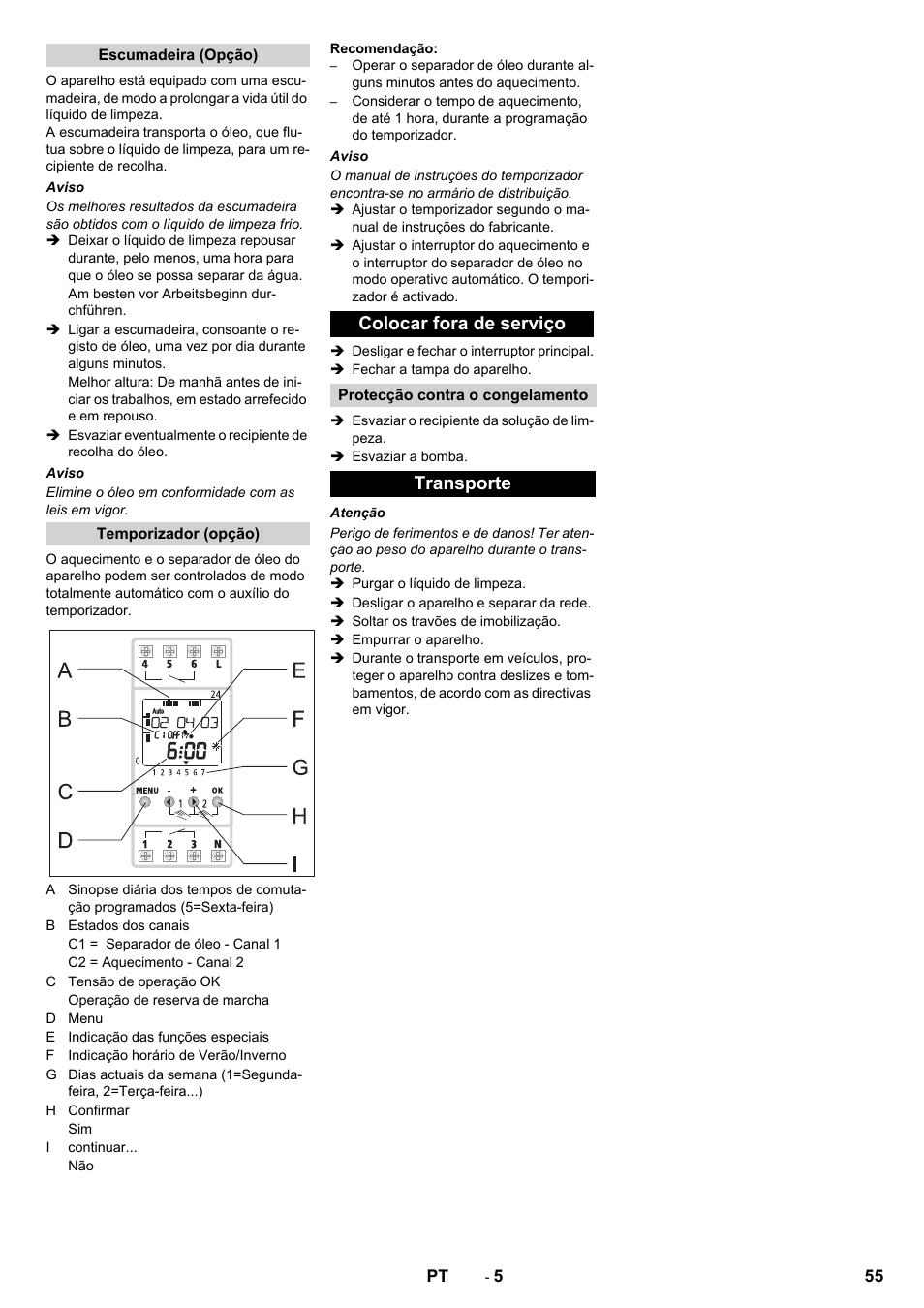 Colocar fora de serviço, Transporte | Karcher PC 60-130 T User Manual | Page 55 / 220