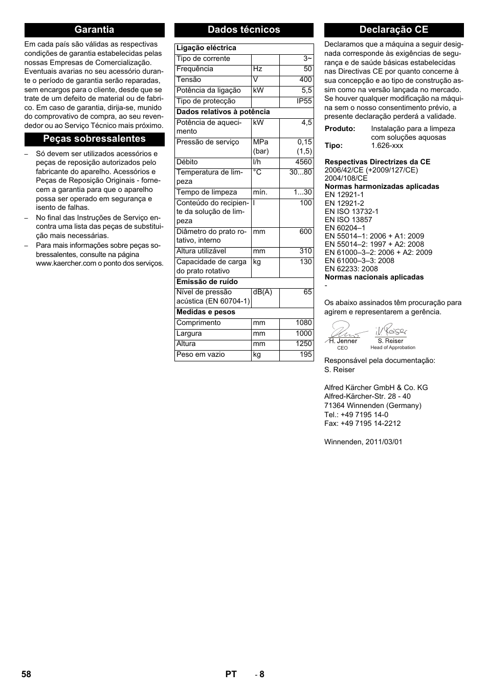 Garantia peças sobressalentes dados técnicos, Declaração ce | Karcher PC 60-130 T User Manual | Page 58 / 220