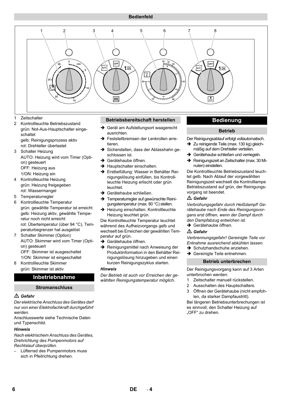 Inbetriebnahme, Bedienung | Karcher PC 60-130 T User Manual | Page 6 / 220