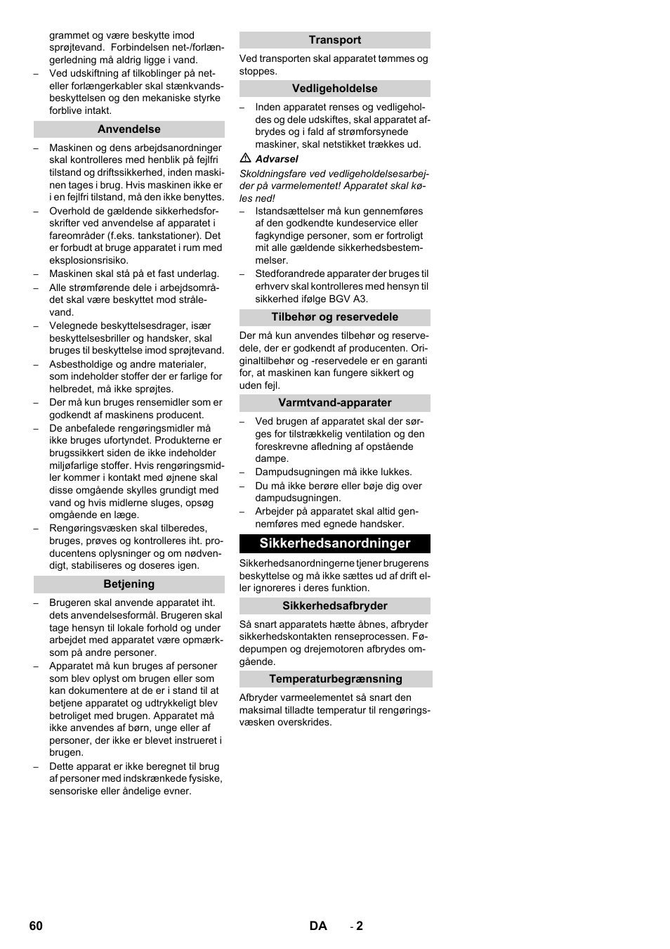 Sikkerhedsanordninger | Karcher PC 60-130 T User Manual | Page 60 / 220